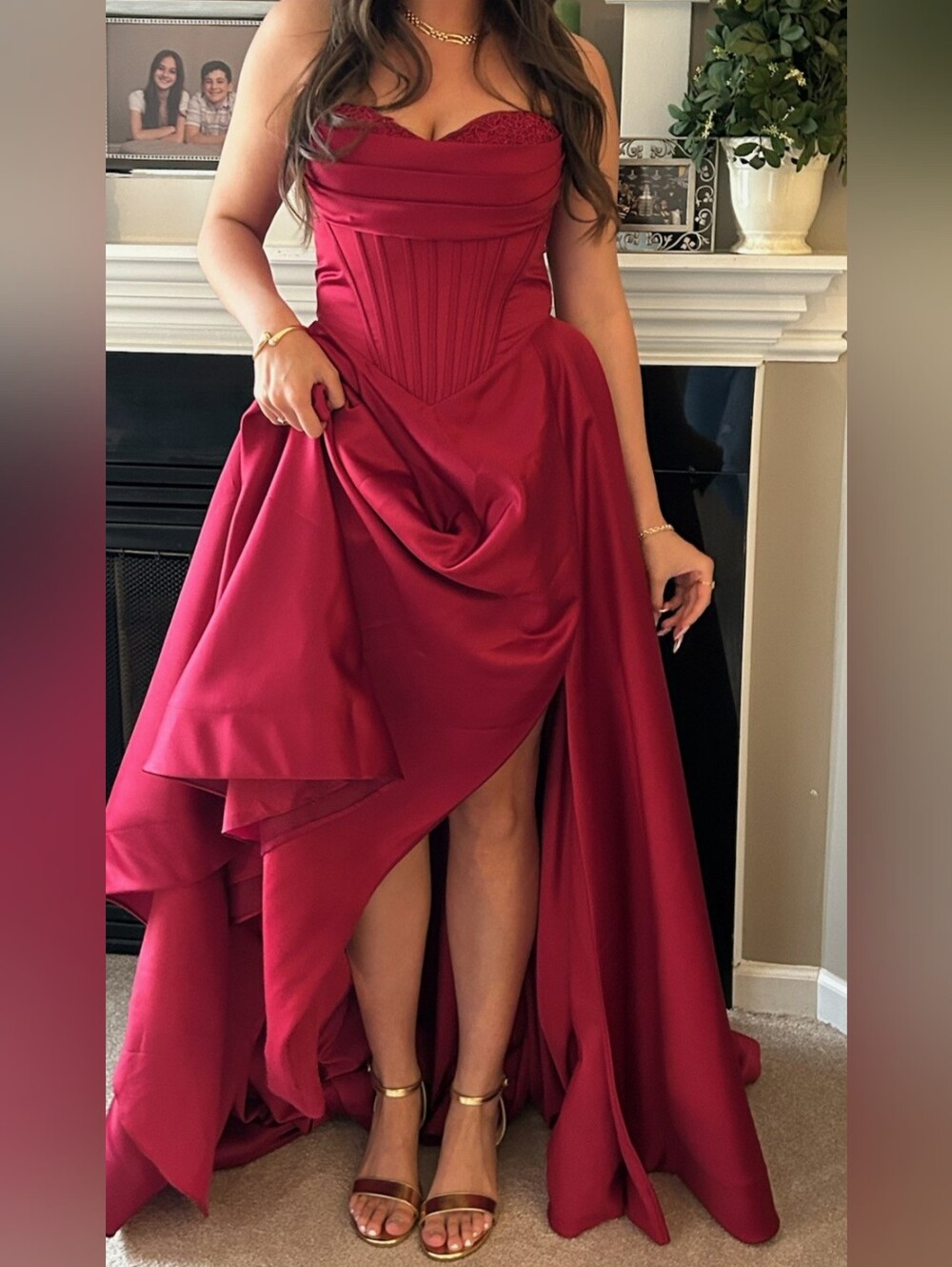 JJs House Crimson Strapless Corset High-Low Prom Gown